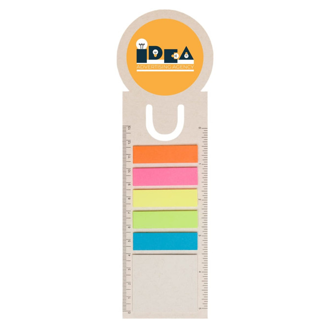 A bookmark shaped like a milk carton, featuring multicolored sticky notes and a circular logo at the top.