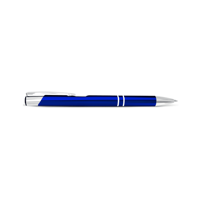 A blue metal pen with a silver clip and accents, featuring a sleek, polished design.