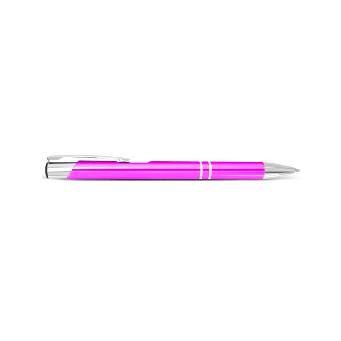 A metal pen in vibrant pink with silver accents, featuring a clip and decorative bands. Includes branding.
