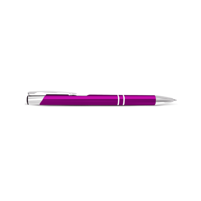 A metal pen in vibrant purple with silver accents and a sleek design, featuring a clip and a glossy finish.