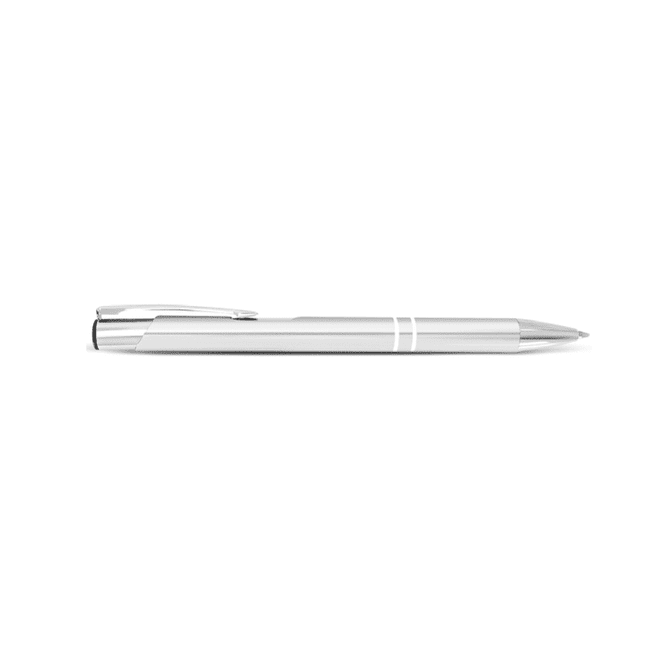 A metal pen in silver with a sleek design, featuring a clip and accents. It includes a logo.