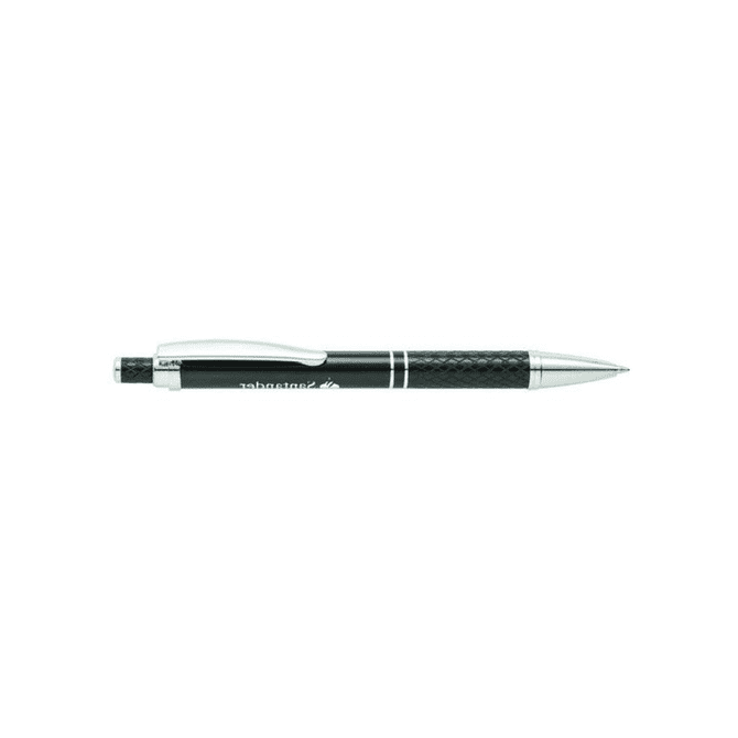 A black metal pen with silver accents and a textured grip. It features a branding logo.