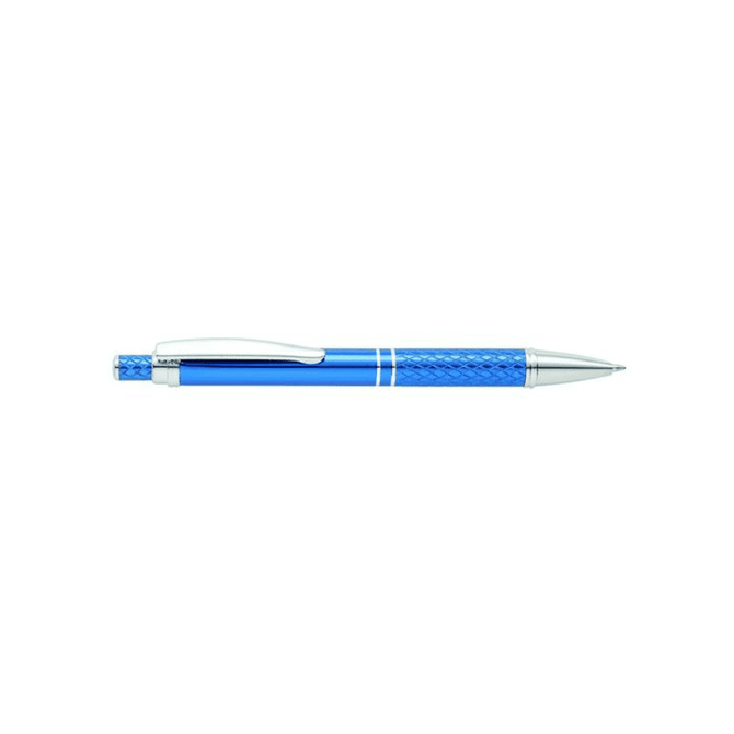 A blue metal pen with a textured grip and a chrome clip, featuring a logo.