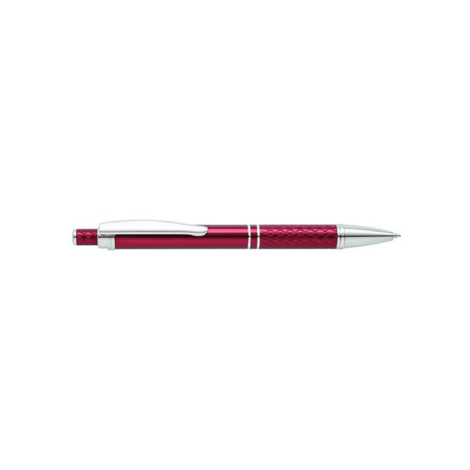 A metal pen in a vibrant red colour with a textured grip and silver accents. It features a logo on the body.