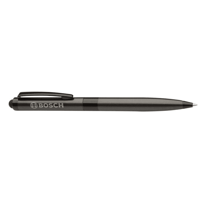 A stylus pen in black with a sleek design and a logo on the side.