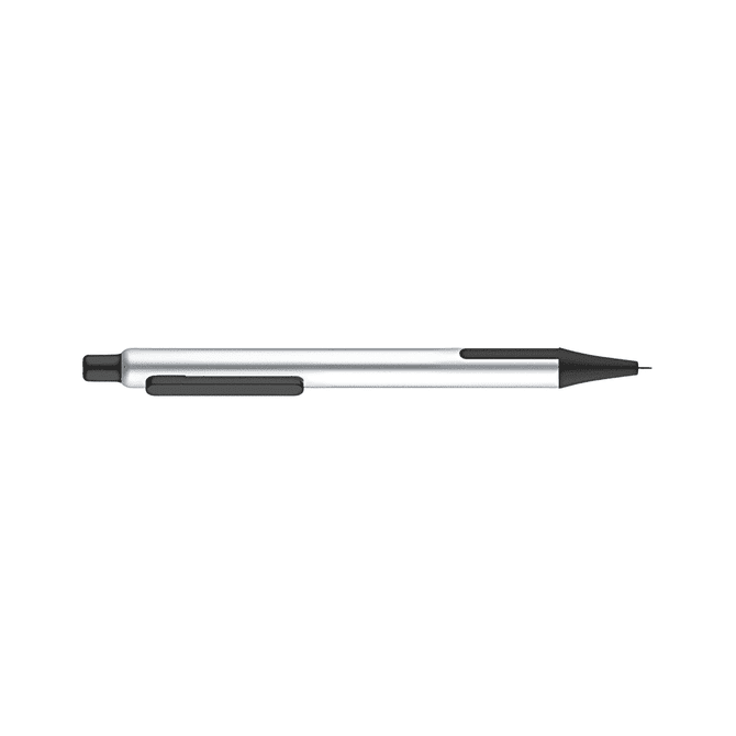 A metal pen in silver with a black tip and grip, featuring a logo on the barrel.