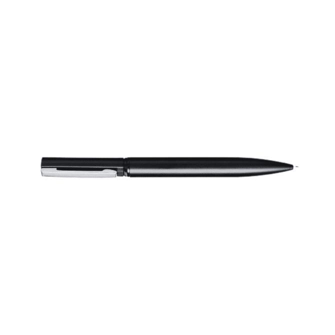 A metal pen in black with a chrome clip and a sleek design. It features a logo on the body.