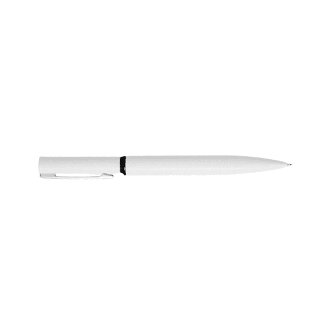 A metal pen in white with a sleek design and a black accent, featuring a clip and a branding logo.