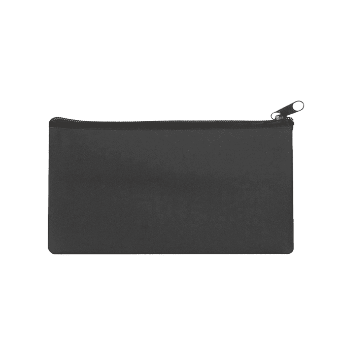 A black neoprene pencil case with a zip closure and a logo. Ideal for office and business use.