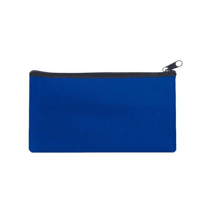 A large blue neoprene pencil case with a zip closure and a logo on one side.