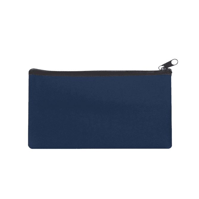 A large navy blue neoprene pencil case with a zipper, featuring one logo on the surface.