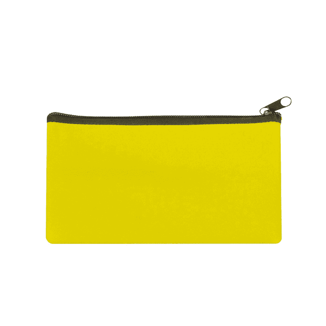 A large yellow neoprene pencil case with a zip closure and a small logo on the front.
