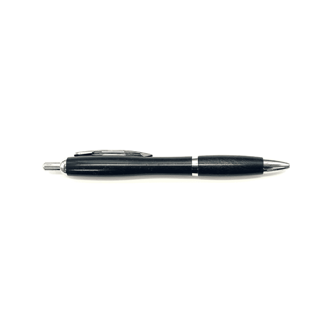 A black pen with a sleek design, featuring a silver tip and clip, and a logo near the grip.