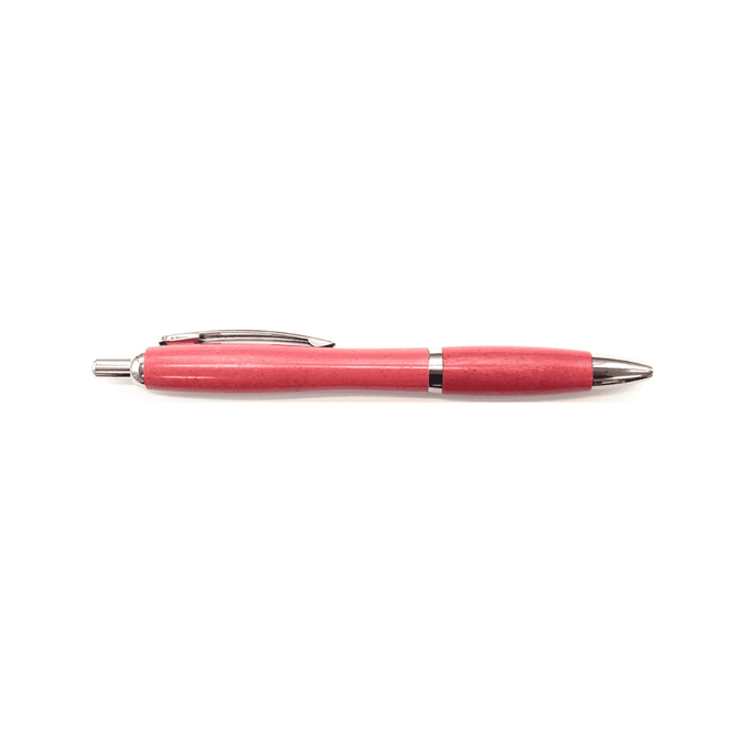 A pink pen with a silver clip and trim, featuring a logo on its body.