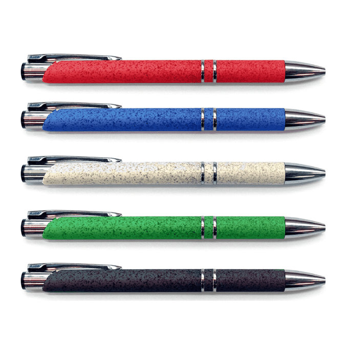 A collection of slimline pens in red, blue, beige, green, and brown, featuring silver accents and a branding logo.