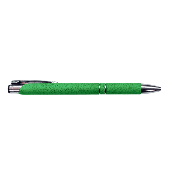 A green pen with a slimline design and silver accents, featuring a textured finish and a logo.