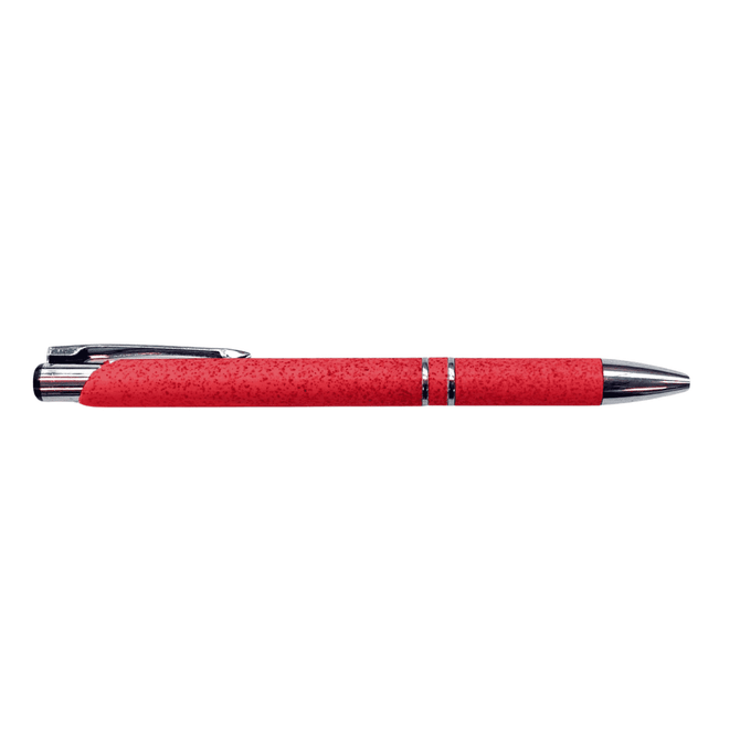 A red wheat straw slimline pen with a silver accent and a clip, featuring a shiny silver barrel.