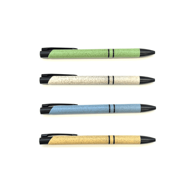 Three slimline pens in green, blue, and yellow with black accents; each pen features a smooth, textured finish.