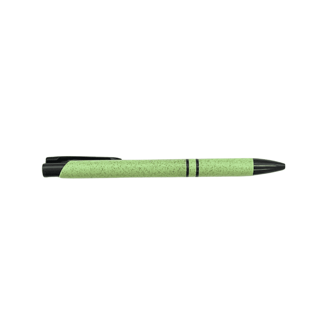 A slimline pen in wheat straw material, featuring a green body with black accents and a branded logo.
