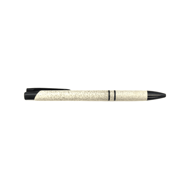 A Wheat Straw Slimline pen in cream with a black tip and clip, featuring a logo.