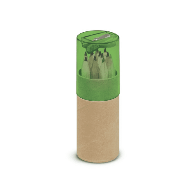 A mini pencil tube with a green lid containing coloured pencils and a sharpener, with a brown base.
