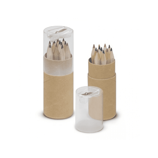 Mini pencil tubes containing coloured pencils in various shades, housed in stylish transparent and cardboard tubes.