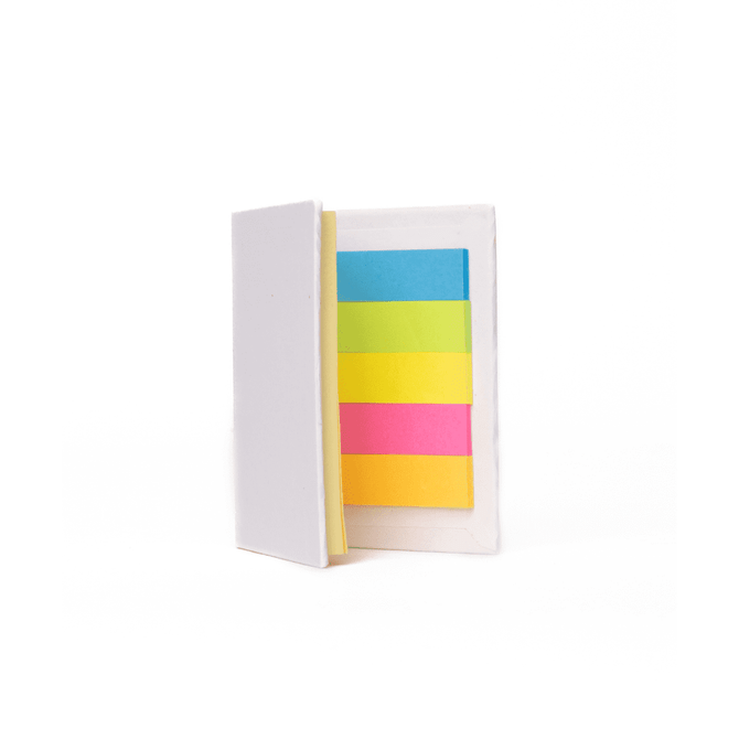 A sticky note book featuring bright yellow, green, pink, and blue notes, enclosed in a white cover with a logo.