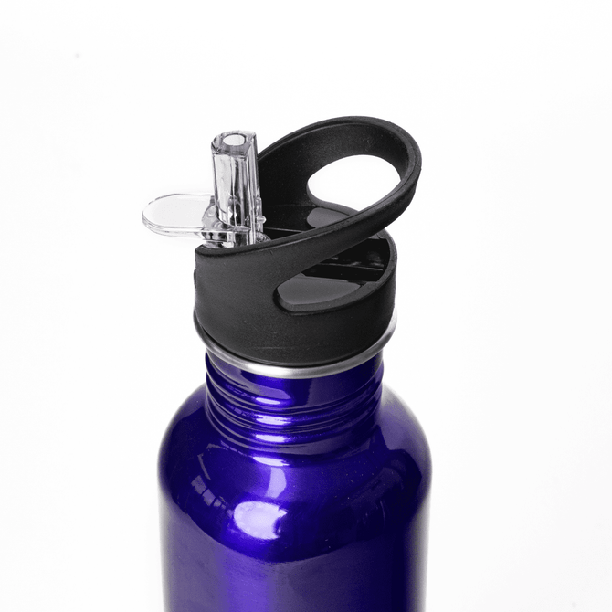 A drink bottle in a vibrant purple colour with a black straw and lid, featuring a rounded opening and a logo.