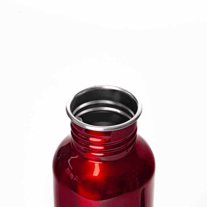 A drink bottle in red, featuring a metallic silver rim and a smooth, rounded opening. It has a logo on the surface.