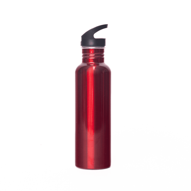 A drink bottle in shiny red with a black cap and a logo, designed for holding 800ml of liquid.