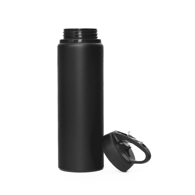 A drink bottle made of matte black aluminium, featuring a removable cap and a sturdy built-in handle.
