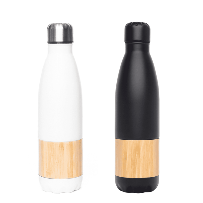 A drink bottle set featuring a white and a black vacuum bottle, both with a bamboo accent and a logo.