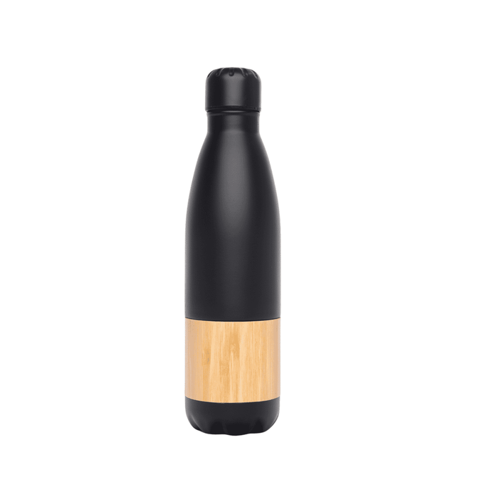 A drink bottle featuring a sleek black design with a bamboo accent. Includes a branding logo.