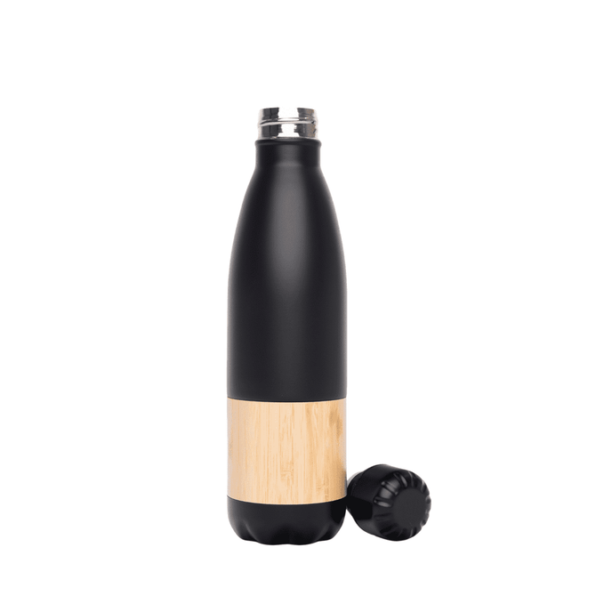 A drink bottle in matte black with a bamboo accent and a screw-on lid. It has a sleek, modern design.
