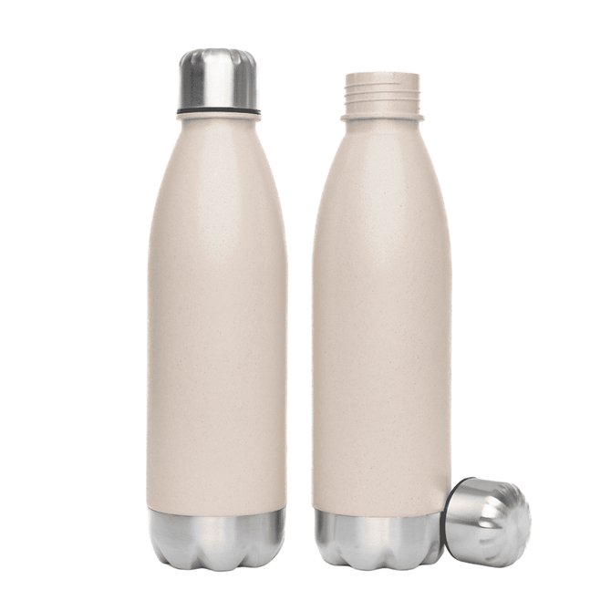 A drink bottle in beige with a stainless steel base and a matching screw cap, featuring a logo on the side.