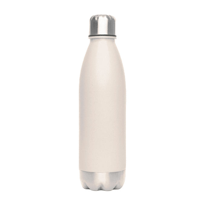 A drink bottle in a soft cream colour with a stainless steel base and lid, featuring a logo.