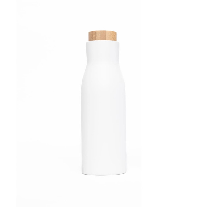 A drink bottle in matte white with a natural wood lid and a simple, sleek design. It features a logo.