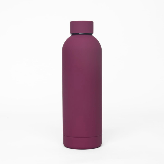 A drink bottle in a deep burgundy colour with a matte finish and a rounded, tapered design. Features a logo.