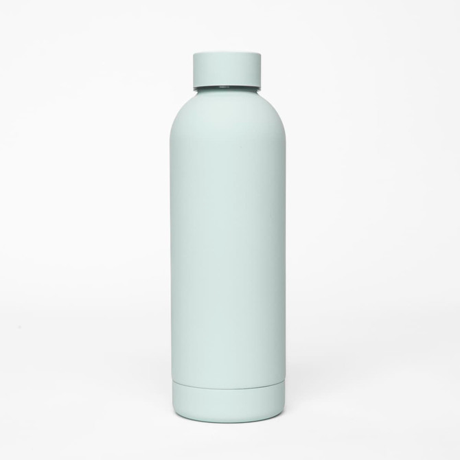 A drink bottle in a soft mint green colour with a smooth, minimalist design and a logo.