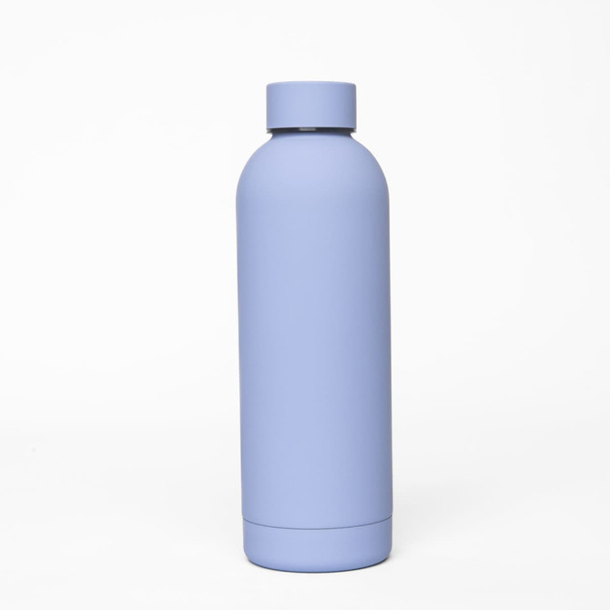 A drink bottle in a soft blue shade with a sleek, double wall design and a matching cap. Features a logo.