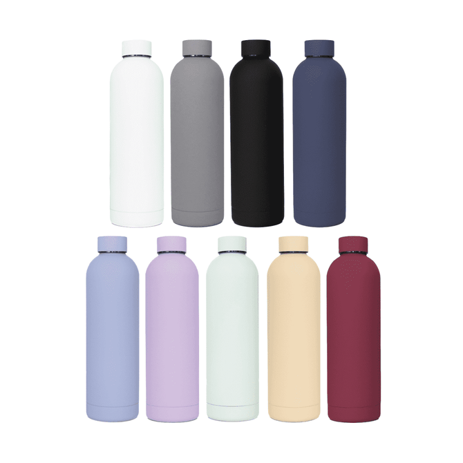 A drink bottle collection featuring various colours: white, grey, black, navy, lavender, pale blue, peach, and burgundy. Each bottle has a sleek design and a logo.
