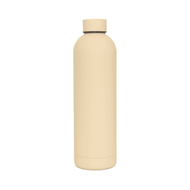 A drink bottle in a soft beige colour with a double wall design and a logo on the side.