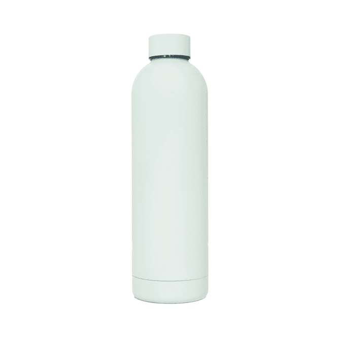 A drink bottle in pale white, featuring a sleek design and a logo on the surface. Double-wall insulation for temperature control.