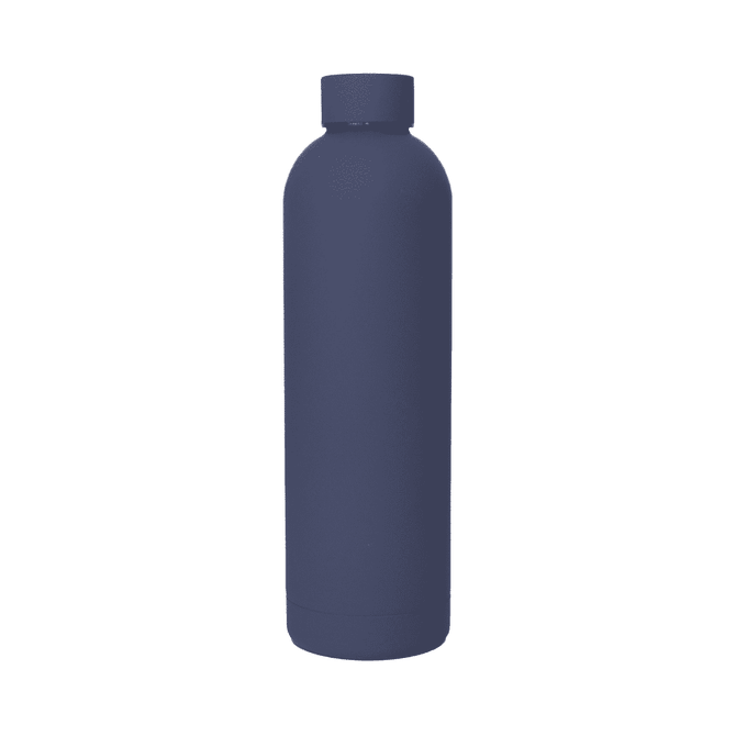 A drink bottle with a matte navy blue finish, featuring a screw-on lid and a sleek, modern design.