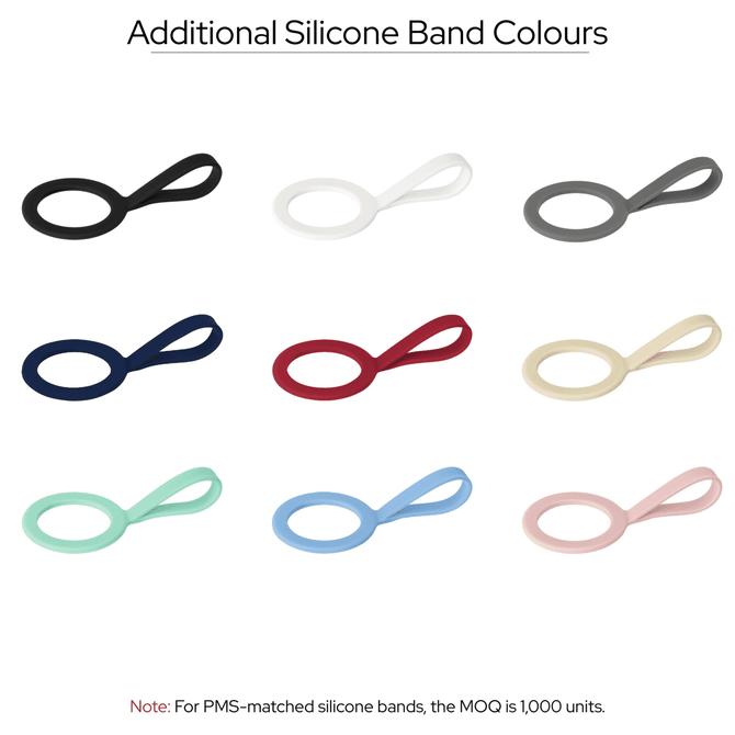 A collection of silicone bands in various colours, including black, white, grey, red, cream, green, blue, and pink.