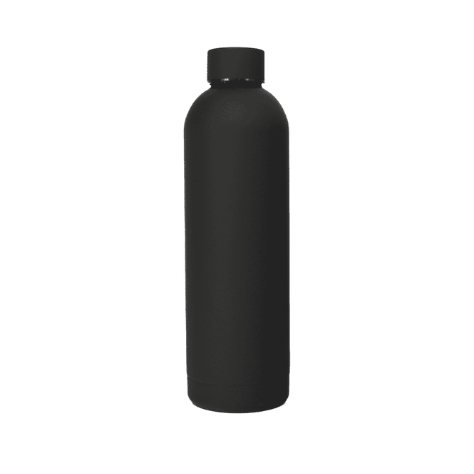 A drink bottle in matte black, featuring a sleek, single-walled design and a cap. It has a logo on the side.