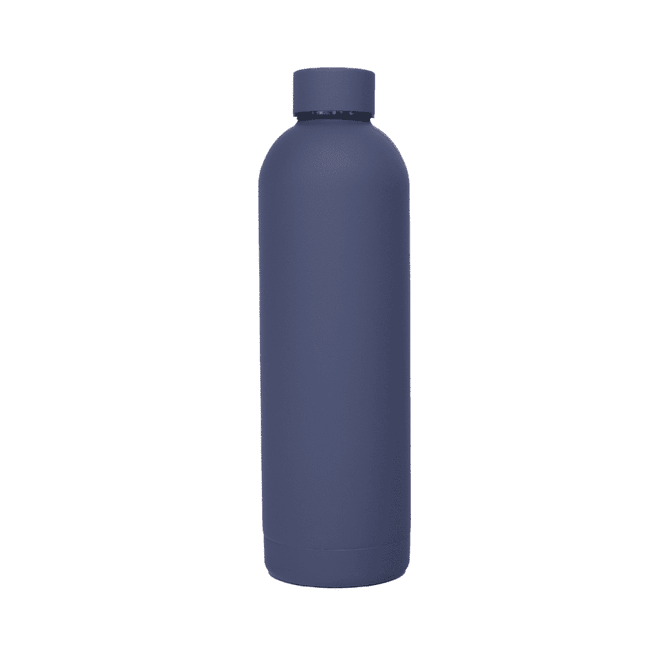 A drink bottle in a dark blue colour with a sleek, single-walled design and a cap. It features a logo.
