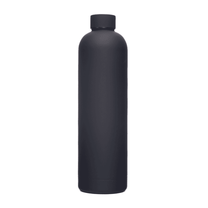 A drink bottle in matte black finish, featuring a single colour design and a simple shape.