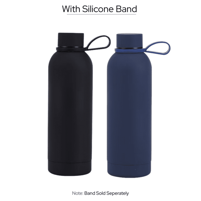 A drink bottle set featuring a black and a navy blue vacuum bottle with silicone bands and a sleek design.