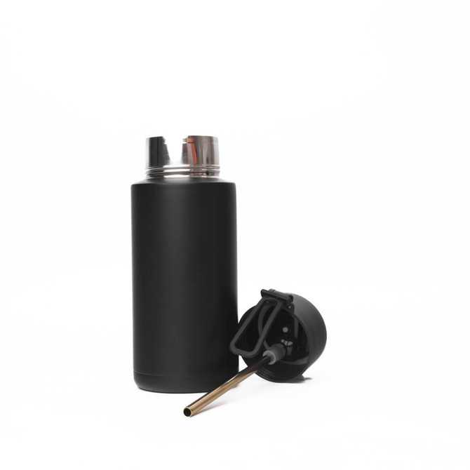 A drink bottle in matte black stainless steel with a silicone handle and a straw attachment. It features a logo.